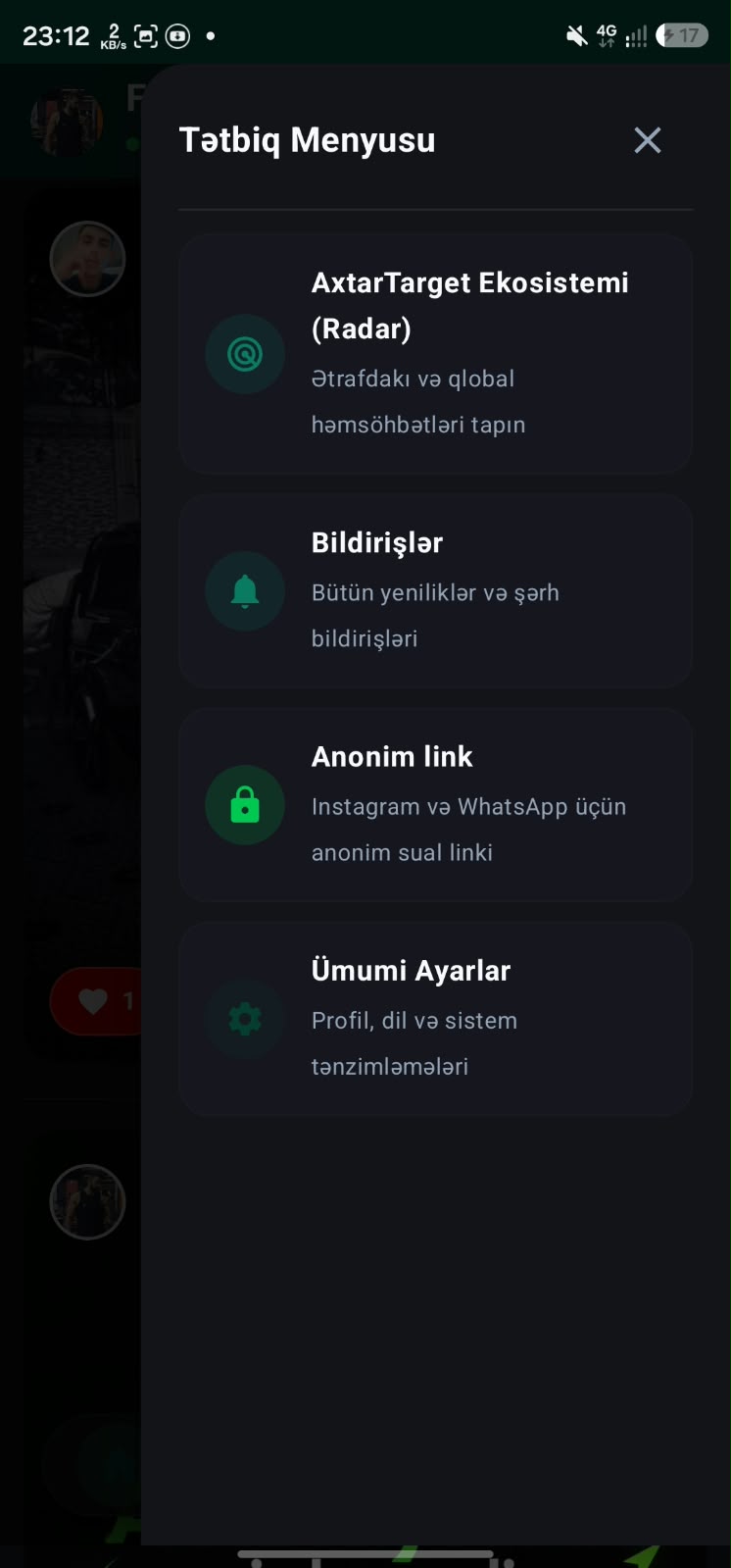 FaceToFace tətbiq menyusu — AxtarTarget Radar, Bildirişlər, Anonim link və Ümumi Ayarlar bölmələri (real tətbiq skrinşotu)