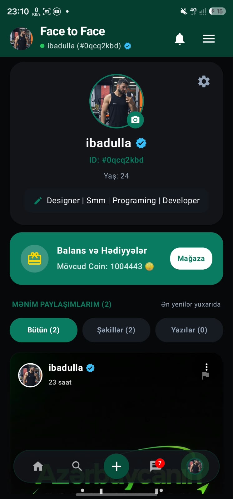 FaceToFace istifadəçi profil ekranı — Balans və Hədiyyələr kartı, coin balansı və şəxsi paylaşımlar (real tətbiq skrinşotu)